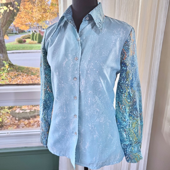 Vintage 80s twin set, camisole & blouse, blue abstract ombre print, 4/6 (S/M) - Picture 3 of 13